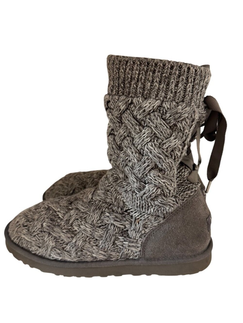 UGG Womens Size 11 Gray Knit Bailey Bow Boots With Suede Accents